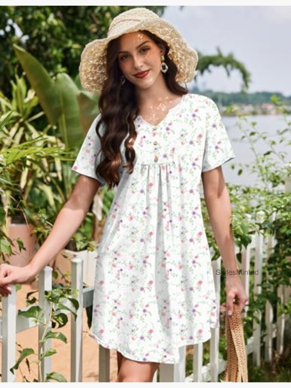 Cotton Nightgown Pleated Henley V Neck Sleepshirt Short Sleeve Sleepwear - Picture 3 of 7